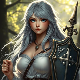 A realistic depiction of an innocent human girl cleric healer, characterized by her long ash grey hair flowing gently, very large breasts that are proportionately sized to her youthful figure, and bright blue eyes that reflect kindness and compassion