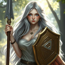 A realistic depiction of an innocent human girl cleric healer, characterized by her long ash grey hair flowing gently, very large breasts that are proportionately sized to her youthful figure, and bright blue eyes that reflect kindness and compassion