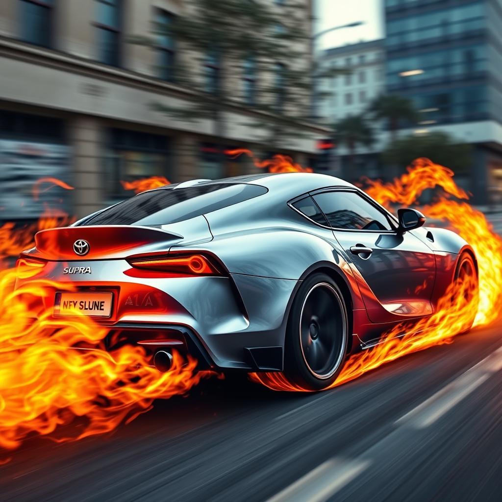A Toyota Supra captured in a dynamic, powerful stance, showcasing its iconic sleek design and aerodynamic features