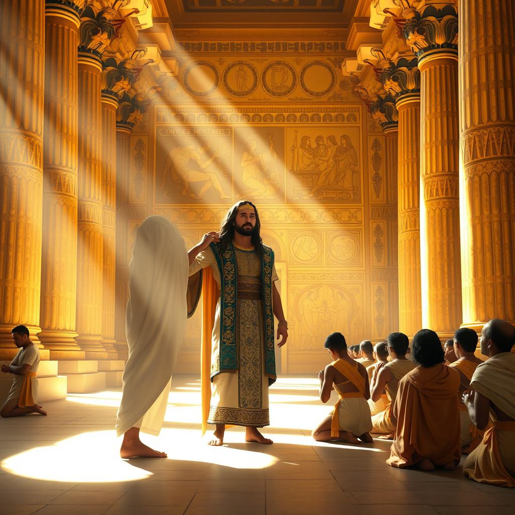 Inside a magnificent Egyptian hall, Yusuf stands before his kneeling brothers, revealing his identity with a poignant expression