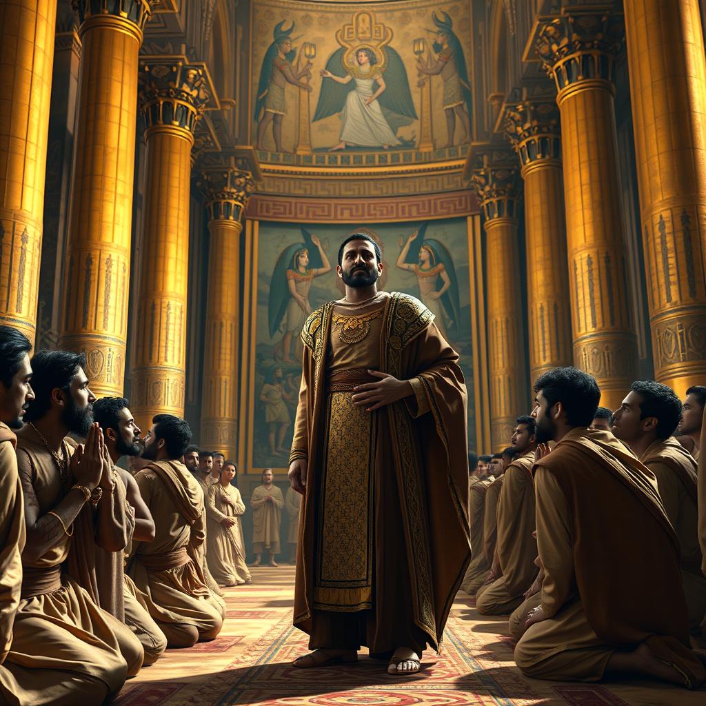 Inside a magnificent Egyptian hall, Yusuf stands majestically before his kneeling brothers, revealing his true identity