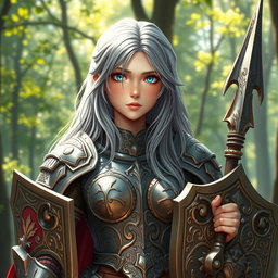 An innocent human girl cleric healer, with long ash grey hair cascading over her shoulders, large breasts, and sparkling blue eyes that convey kindness