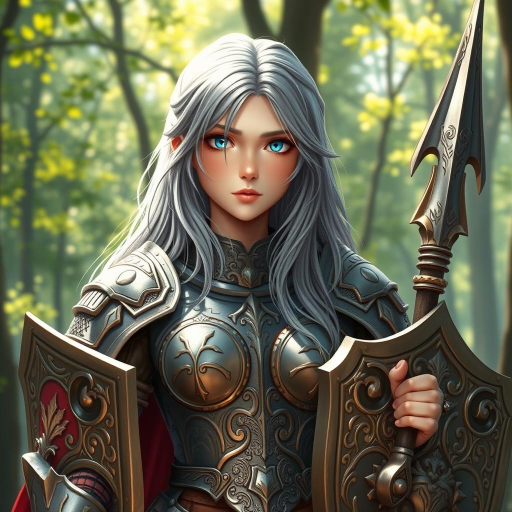 An innocent human girl cleric healer, with long ash grey hair cascading over her shoulders, large breasts, and sparkling blue eyes that convey kindness