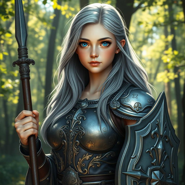 An innocent human girl cleric healer, with long ash grey hair cascading over her shoulders, large breasts, and sparkling blue eyes that convey kindness
