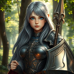 An innocent human girl cleric healer, with long ash grey hair cascading over her shoulders, large breasts, and sparkling blue eyes that convey kindness