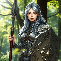 An innocent human girl cleric healer, with long ash grey hair cascading over her shoulders, large breasts, and sparkling blue eyes that convey kindness