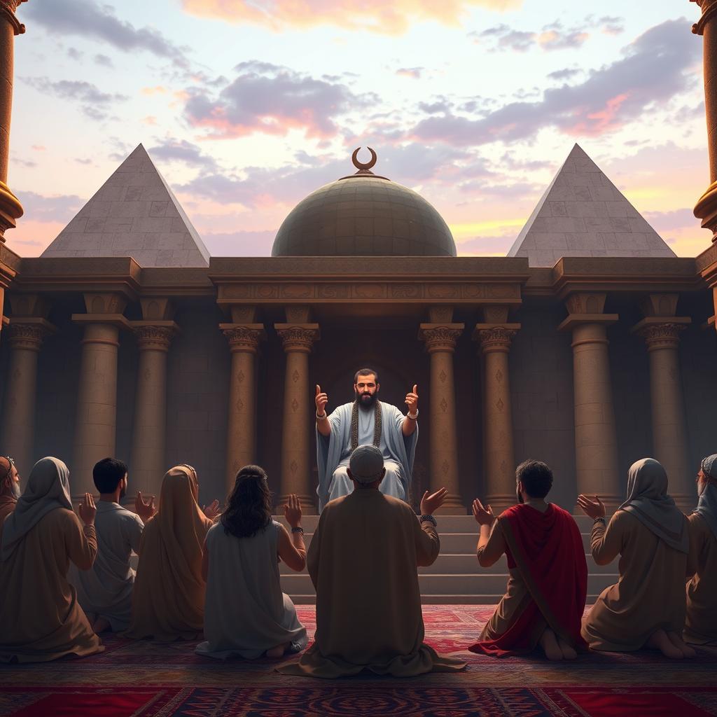 Inside a grand Egyptian palace, Prophet Ya‘qub sits in a position of honor, while Yusuf’s eleven brothers kneel before him in deep respect, reflecting the vision from his childhood dream