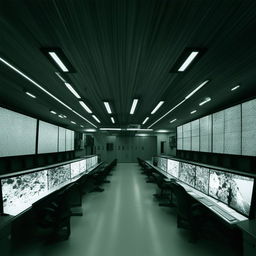 The data control room of a maximum-security penitentiary, incorporating design elements from the architecture shown in the provided link.