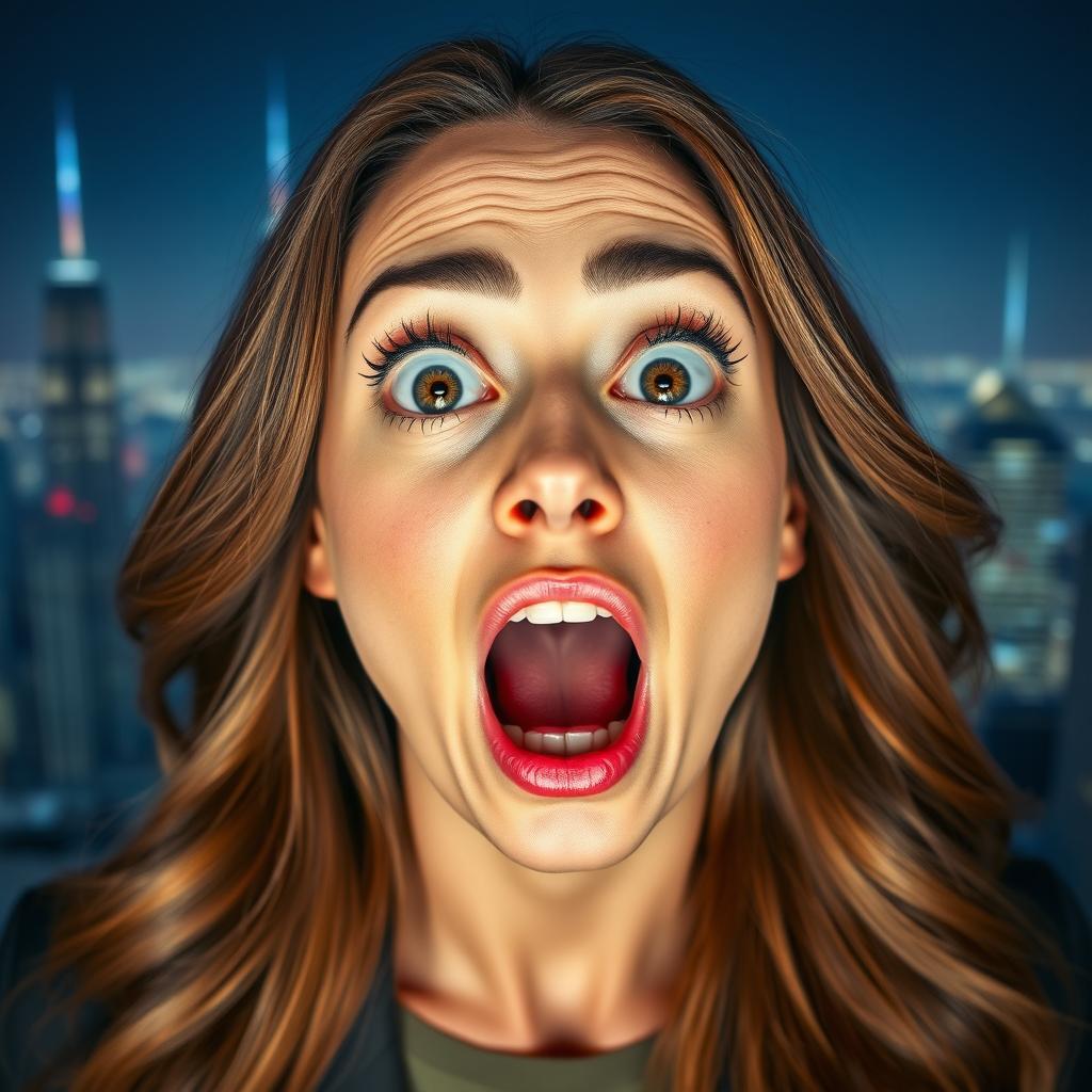 A woman with wide eyes and an open mouth, expressing shock and disbelief