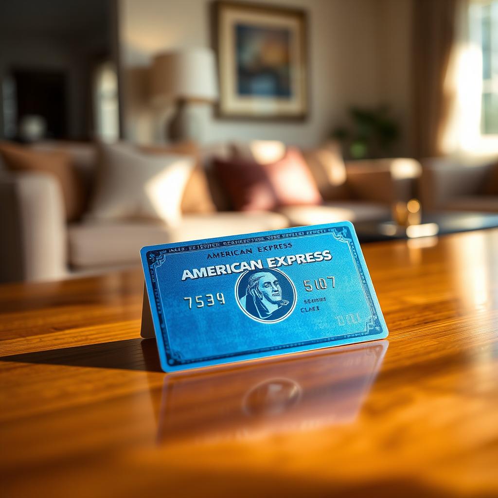 An elegant and sophisticated American Express credit card lying on a polished wooden table, showcasing its iconic blue color and embossed logo