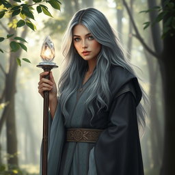 A kind cleric woman with beautiful ash grey hair, wearing elegant clerical robes adorned with intricate patterns