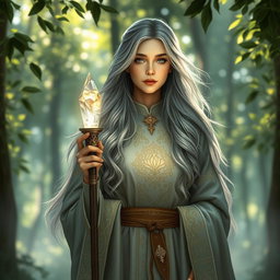 A kind cleric woman with beautiful ash grey hair, wearing elegant clerical robes adorned with intricate patterns