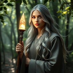 A kind cleric woman with beautiful ash grey hair, wearing elegant clerical robes adorned with intricate patterns