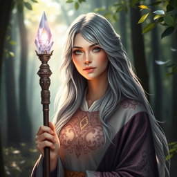 A kind cleric woman with beautiful ash grey hair, wearing elegant clerical robes adorned with intricate patterns