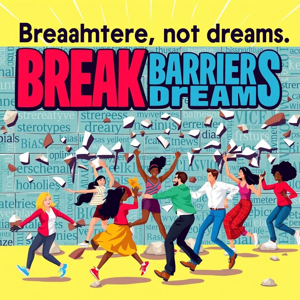 A vibrant and dynamic poster showcasing a diverse group of individuals, including people of different races, genders, and abilities, energetically breaking down a large wall