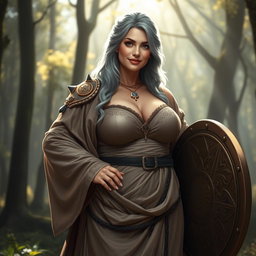 A kind cleric healer woman with ash grey hair, exuding a warm and reassuring presence