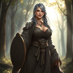 A kind cleric healer woman with ash grey hair, exuding a warm and reassuring presence