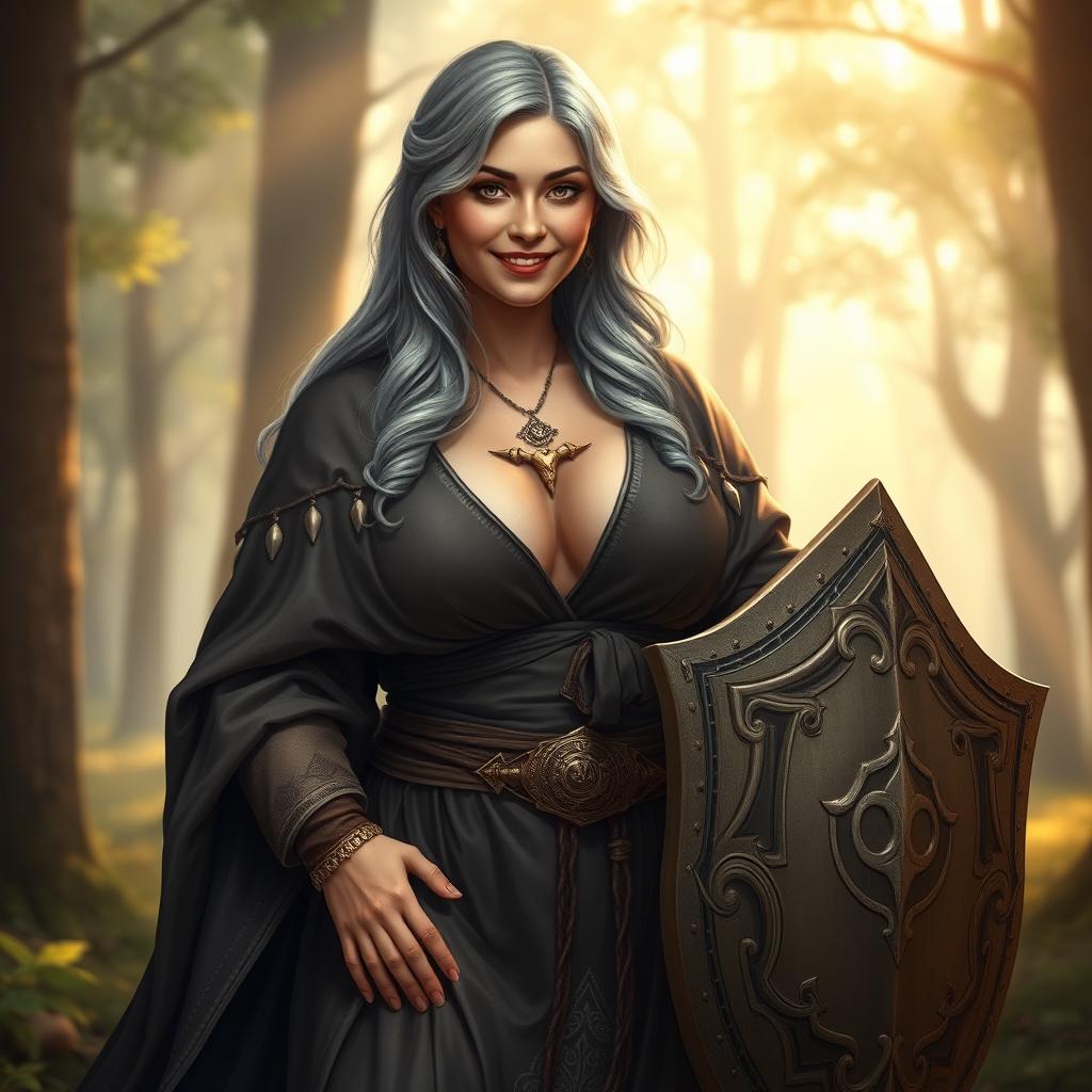 A kind cleric healer woman with ash grey hair, exuding a warm and reassuring presence