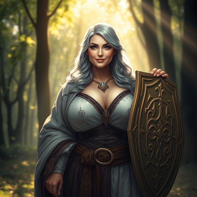 A kind cleric healer woman with ash grey hair, exuding a warm and reassuring presence