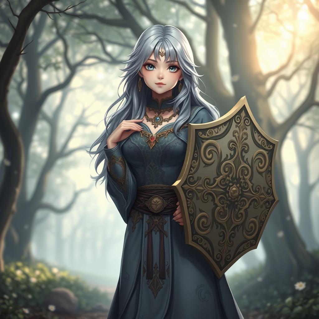 A kind cleric healer girl with elegant ash grey hair, wearing ornate, flowing robes that suggest a mystical appearance