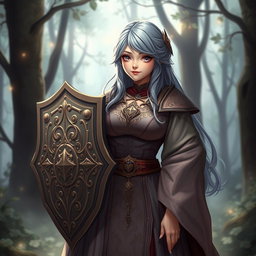 A kind cleric healer girl with elegant ash grey hair, wearing ornate, flowing robes that suggest a mystical appearance