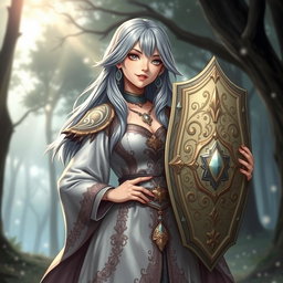 A kind cleric healer girl with elegant ash grey hair, wearing ornate, flowing robes that suggest a mystical appearance
