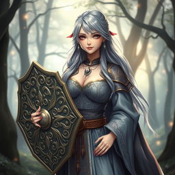 A kind cleric healer girl with elegant ash grey hair, wearing ornate, flowing robes that suggest a mystical appearance