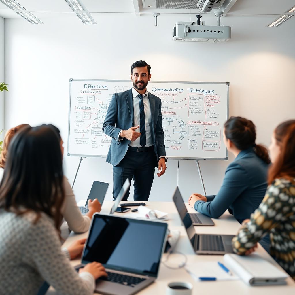 A highly skilled vocational trainer with an engaging presence, standing confidently in a modern training room surrounded by diverse adult learners actively participating in a business training session