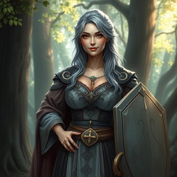 A kind female cleric healer with ash grey hair, depicted in a realistic style