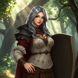 A kind female cleric healer with ash grey hair, depicted in a realistic style
