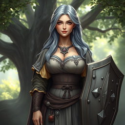 A kind female cleric healer with ash grey hair, depicted in a realistic style