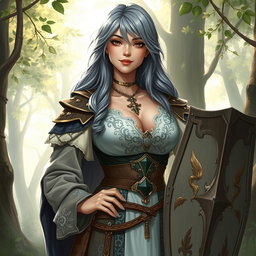 A kind female cleric healer with ash grey hair, depicted in a realistic style