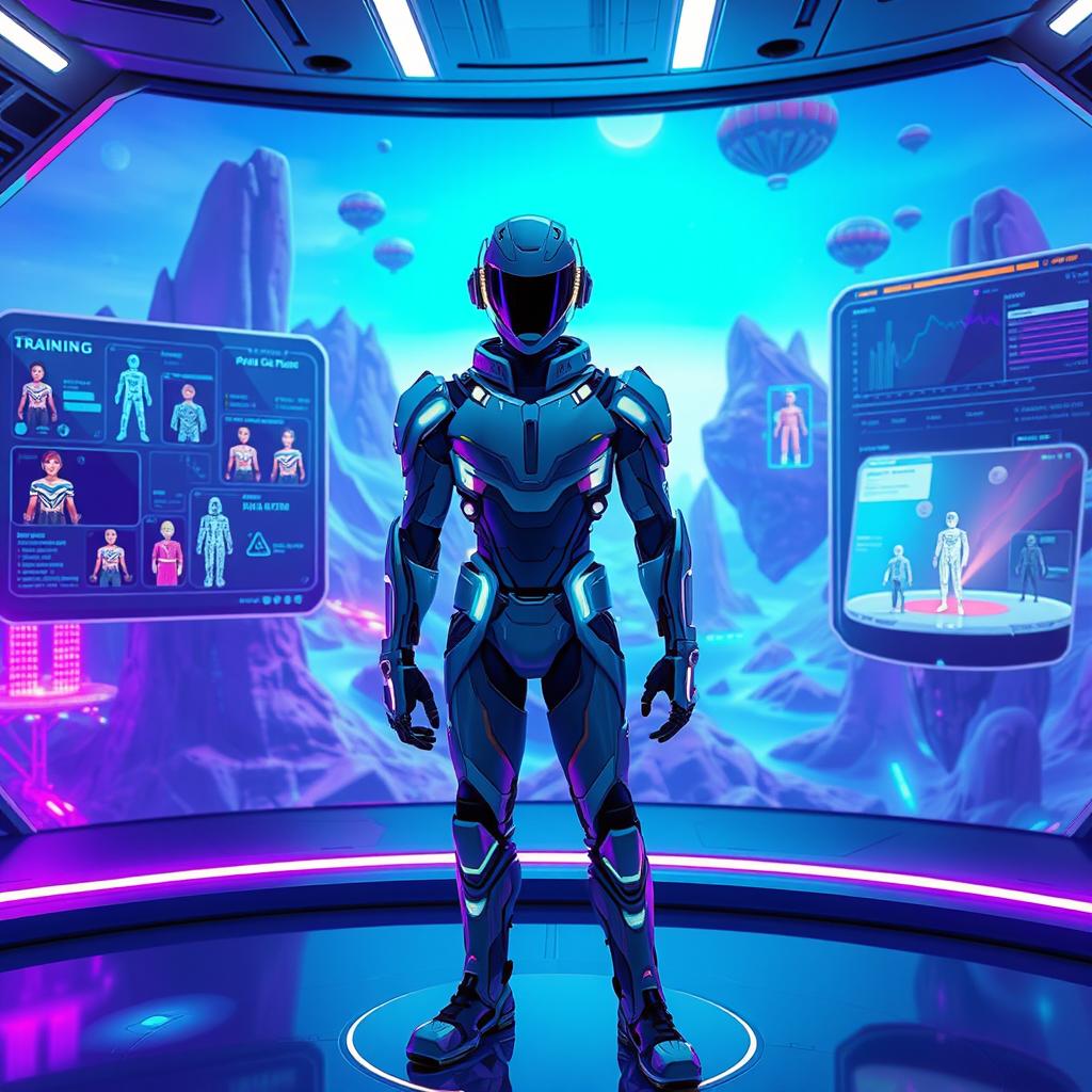A futuristic avatar trainer in a high-tech environment, featuring a humanoid figure designed with sleek, modern armor and glowing circuits