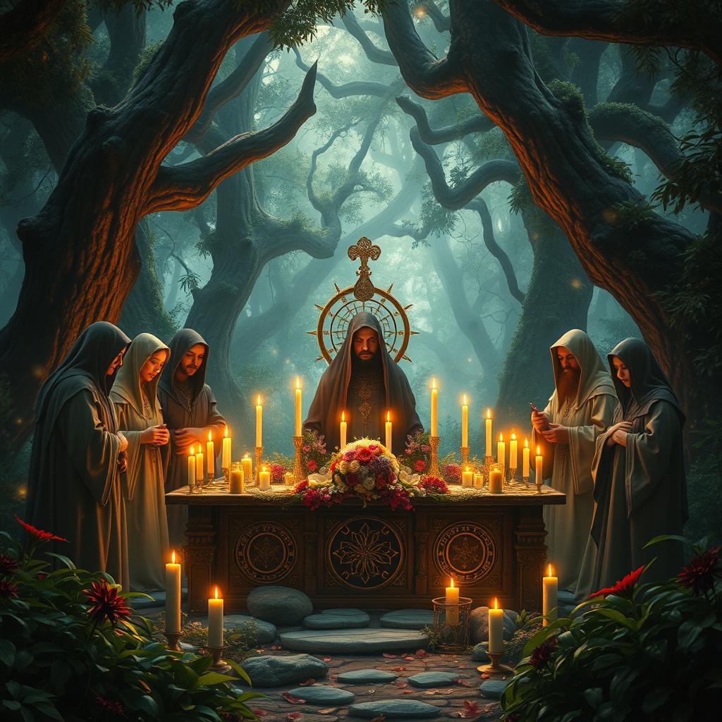 A stunning portrayal of a mystical and ancient ritual scene, set in a lush, enchanted forest