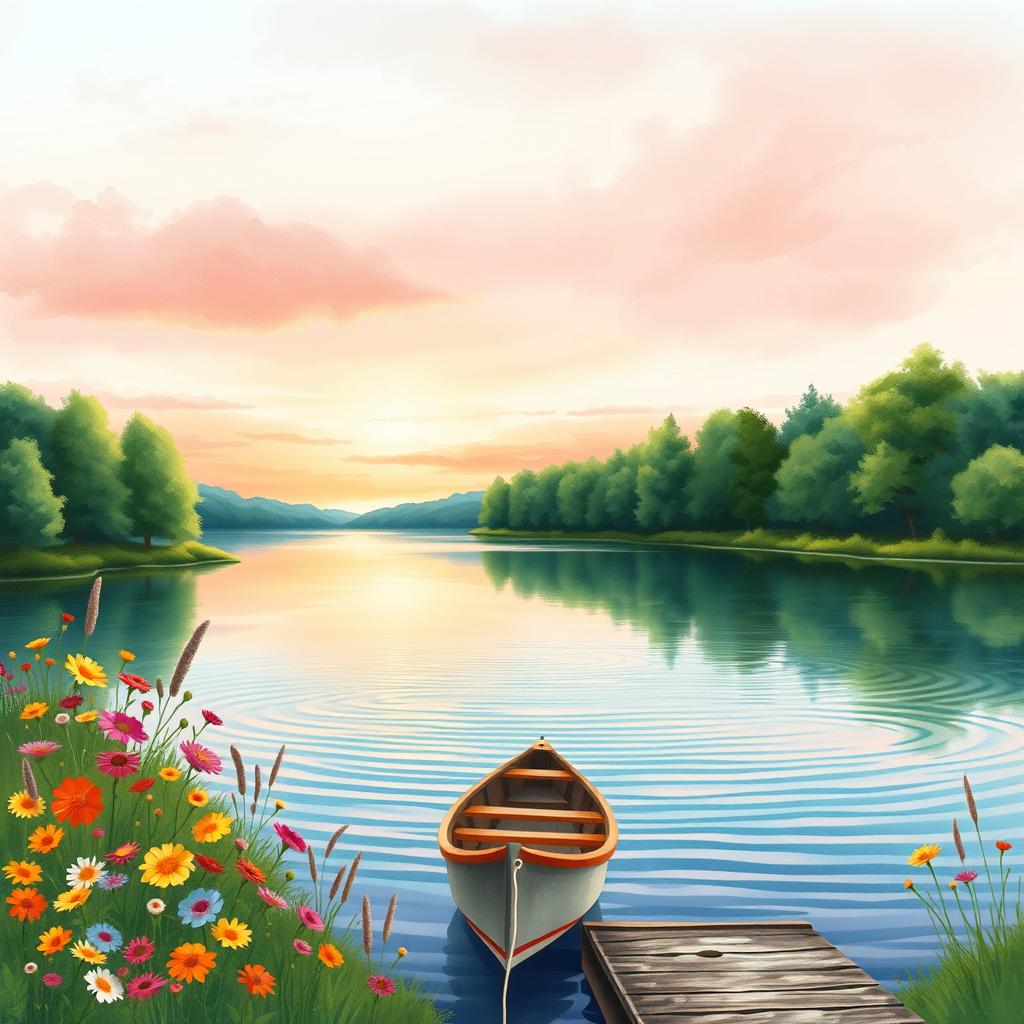 A serene landscape featuring a tranquil lake surrounded by lush green trees and vibrant wildflowers in various colors