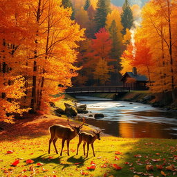 A vibrant autumn landscape showcasing a dense forest filled with trees in shades of orange, yellow, and red