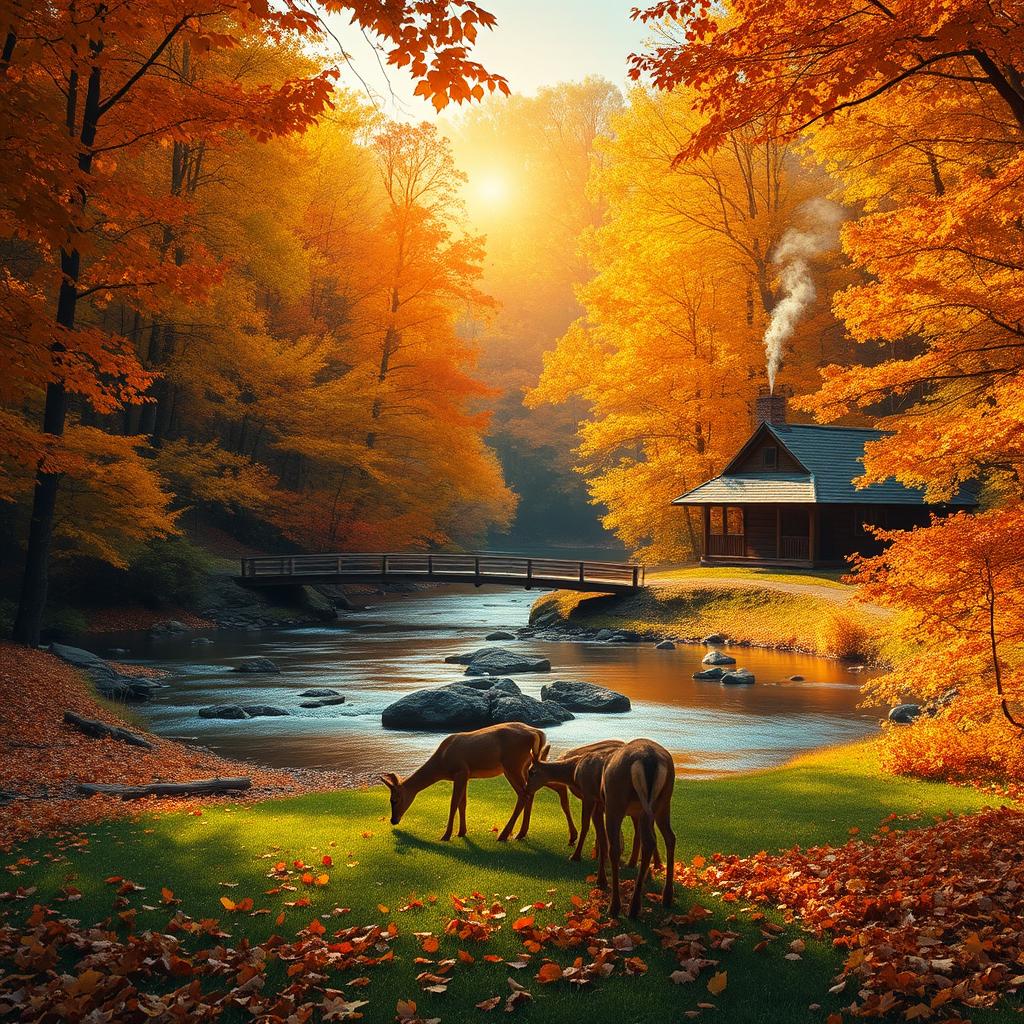 A vibrant autumn landscape showcasing a dense forest filled with trees in shades of orange, yellow, and red