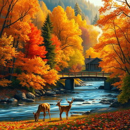 A vibrant autumn landscape showcasing a dense forest filled with trees in shades of orange, yellow, and red