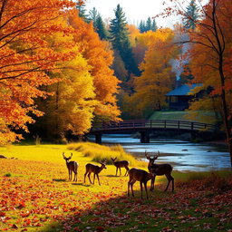 A vibrant autumn landscape showcasing a dense forest filled with trees in shades of orange, yellow, and red
