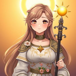 A cute and shy young woman cleric healer, adorned in a beautifully detailed knight order uniform that symbolizes their alignment to the sun