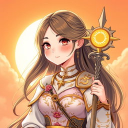 A cute and shy young woman cleric healer, adorned in a beautifully detailed knight order uniform that symbolizes their alignment to the sun