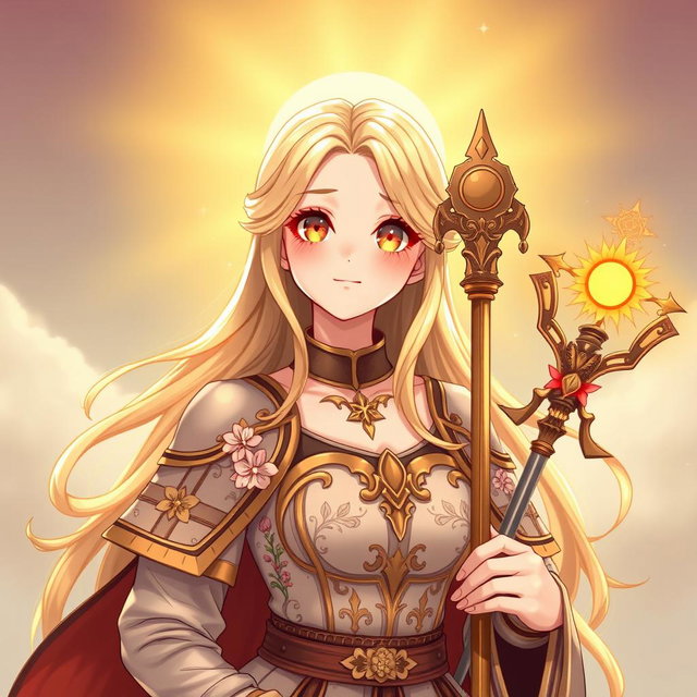 A cute and shy young woman cleric healer, adorned in a beautifully detailed knight order uniform that symbolizes their alignment to the sun