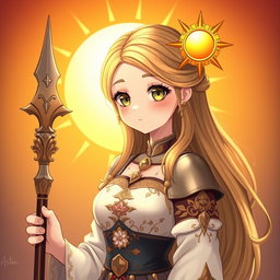 A cute and shy young woman cleric healer, adorned in a beautifully detailed knight order uniform that symbolizes their alignment to the sun