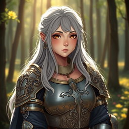 A cute and shy woman cleric healer, featuring long ash grey hair, dressed in intricate armor from a knight order aligned to the sun