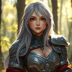 A cute and shy woman cleric healer, featuring long ash grey hair, dressed in intricate armor from a knight order aligned to the sun