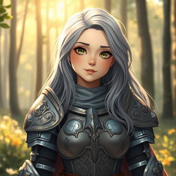 A cute and shy woman cleric healer, featuring long ash grey hair, dressed in intricate armor from a knight order aligned to the sun