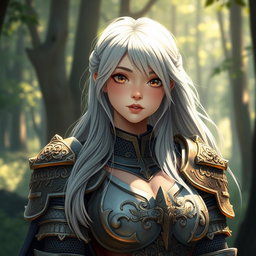 A cute and shy woman cleric healer, featuring long ash grey hair, dressed in intricate armor from a knight order aligned to the sun