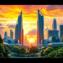 An imaginative landscape depicting a futuristic city with towering skyscrapers, lush greenery, and a vibrant sunset