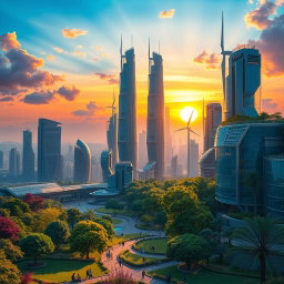An imaginative landscape depicting a futuristic city with towering skyscrapers, lush greenery, and a vibrant sunset