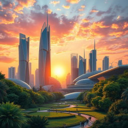 An imaginative landscape depicting a futuristic city with towering skyscrapers, lush greenery, and a vibrant sunset